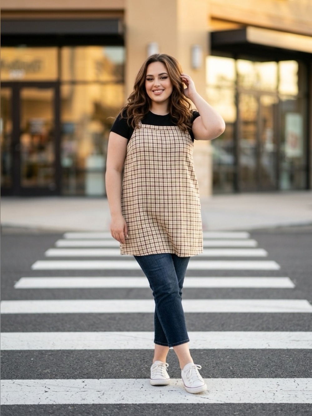 American Eagle Outfitters Tan Plaid Mini Dress
